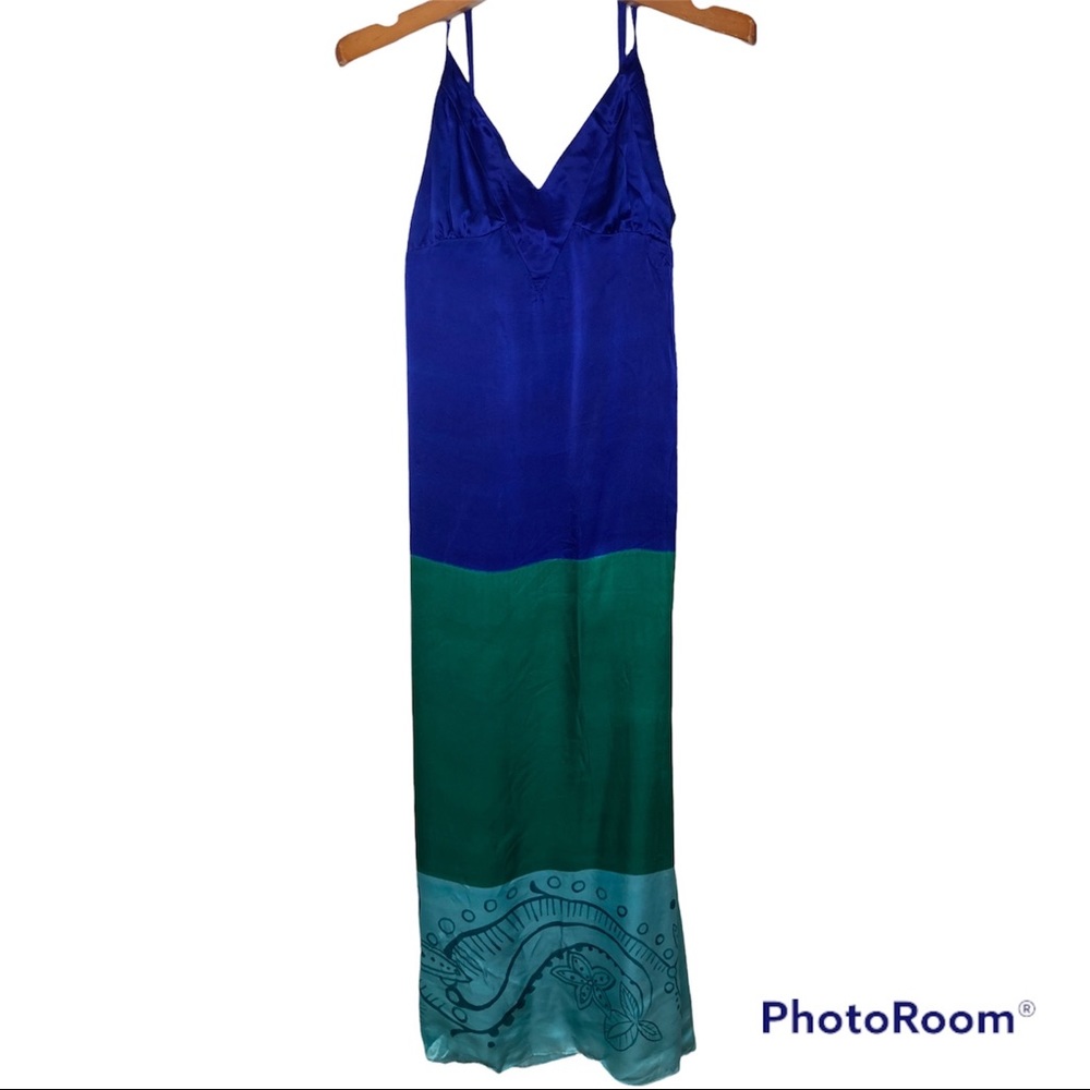 Roberta Freymann Size XS Silk Blue Green Color Block Maxi Dress